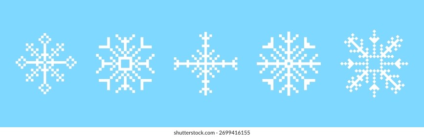 Conjunto y2k pixel art copo de nieve de cristal de invierno, retro 8 bit mosaico ornamento. Elemento de diseño estacional de hielo, fondo. Juegos vintage de estética de los años 90.