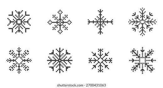 Conjunto y2k pixel art copo de nieve de cristal de invierno, retro 8 bit mosaico ornamento. Elemento de diseño estacional de hielo, fondo. Juegos vintage de estética de los años 90.