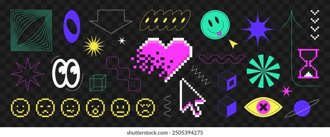 Set of y2k pixel art stickers in 8bit retro style. Smile, eyes, lines, love heart and brutalism geometric shapes. Cyberpunk elements, simple figures, stars and wireframe forms on black background.