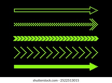 Set of y2k pixel direction arrow sign. Straight long arrows in pixel art. Neon. Game abstract element. Vector acid green design elements. Retro trendy brutal style. Simple geometric shape for posters