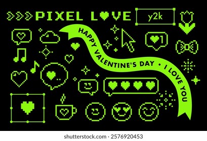 Set of y2k pixel Happy Valentines Day icons. Retro pixel art design with hearts, smile face, bow, speech bubble. Modern collage sticker for celebration, banner, label, poster. Game abstract elements