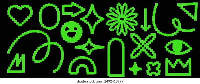 Set of y2k pixel icons. Game abstract elements. Retro trendy brutal style. Smile face and modern collage sticker and arrows. Vintage contemporary frames. Bold and groovy. Vector green elements  