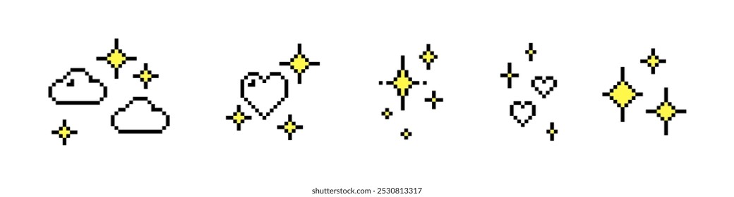 Conjunto de ícones de pixels y2k. Elementos abstratos do jogo. Estrela cintilante na arte em pixels. Estrelas brilhantes. Bonitinho. Brilhos. Coração. Ilustração de vetor de estilo retro de 8 bits. Forma geométrica simples para cartaz e colagem 