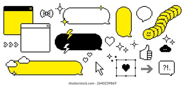Set of y2k pixel retro dialogue box. 8 bit communication elements, speech bubble. Chat balloon, cursor, smile face icon, dialog window for text message, game interface, streaming overlay, social media