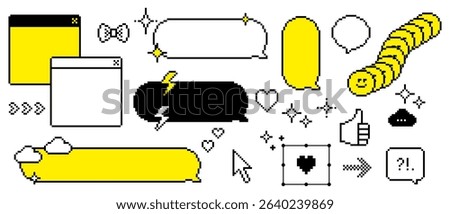 Set of y2k pixel retro dialogue box. 8 bit communication elements, speech bubble. Chat balloon, cursor, smile face icon, dialog window for text message, game interface, streaming overlay, social media