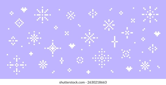 Set of Y2k Pixel Sparkle or Snowflakes set. Simple flat geometry design elements. Purple background. Cross stitch. Scheme of knitting and embroidery. Winter ornament. Retro Pixelated Vector pattern.