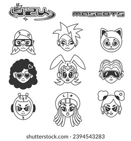 Set of Y2K retro 90s mascots on a white background. Cool cartoon futuristic characters. Vector templates for logo, icon, prints, stickers and stamps.