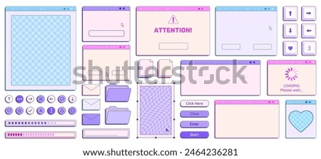 Set of Y2K retro computer empty windows templates, buttons, messages and other interface elements with copy space. Vector illustration.