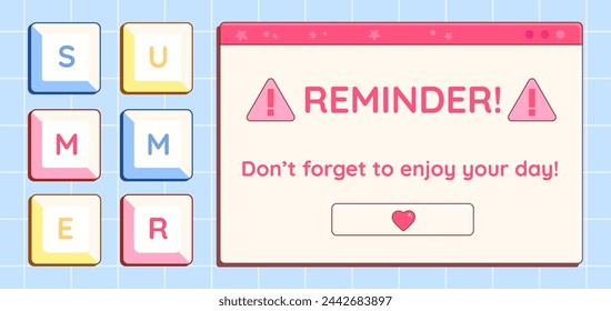 Set of Y2K retro computer window and buttons, interface elements with cheering phrases. Vector illustration.