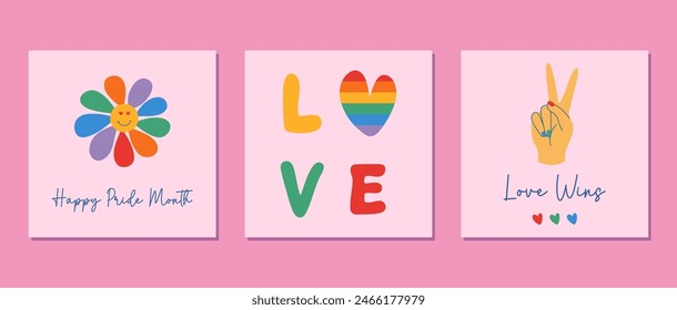 Set of y2k retro posts with LGBT symbols. Happy Pride Month cards, banners, prints. Hand drawn flat style vector illustrations. 