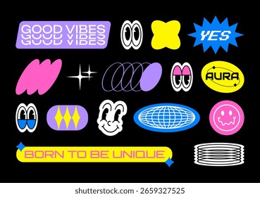Set of y2k retro stickers with text and characters