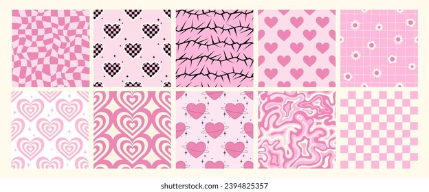 Set of y2k seamless vector patterns with hearts, thorns, flowers, checkered and psychedelic shapes. Glamour backgrounds for card, poster, banner design. Girly templates. Trendy covers in pastel colors