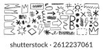 Set of y2k shapes with hand drawn texture of crayon, pastel or chalk. Sun, star, crown and arrow in sketch style. Black vector illustration on a white background.