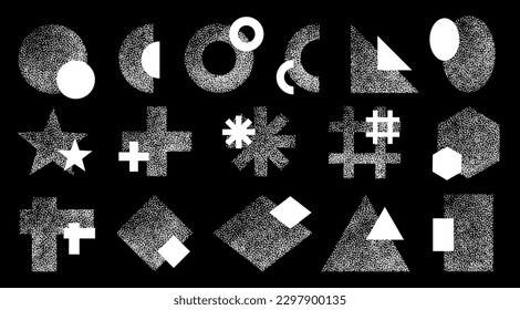 Set of Y2K shapes with noise texture, simple geometric shapes and forms, vector decorative retro objects.