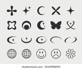 Set of y2k shapes in pixel style, retro futuristic pack, y2k geometric elements for logo card, web, poster. 90s pixel graphic forms