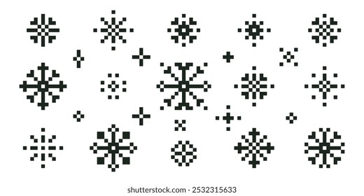 Conjunto de ícones de pixels de neve y2k. Padrão de flocos de neve. Elementos abstratos do jogo. Preto. Padrão de Natal. Humor dos anos 90. Ilustração vetorial editável de 8 bits no estilo pixel art. Xmas. Forma geométrica simples