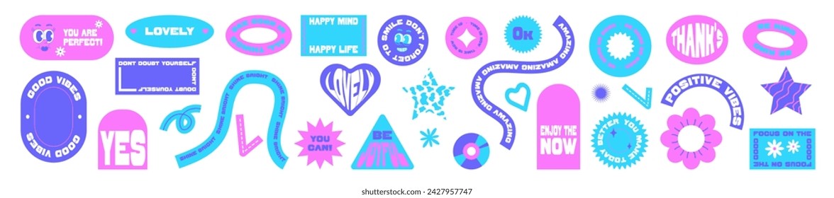 Set of y2k stickers. Positive and motivation phrases. Collection of elements in trendy style.