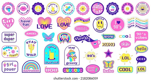 A set of y2k stickers with text motivational, positive phrases. Collection of Pop Art Patches from 2000s in geometric shapes with acid weird surreal elements. Vector illustration isolated on white