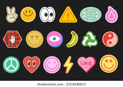 Set Of Y2k Stickers Vector Design. Cool Pop Art Elements. Trendy Patches. Comic Retro Graphics. Cartoon Character Emoji.