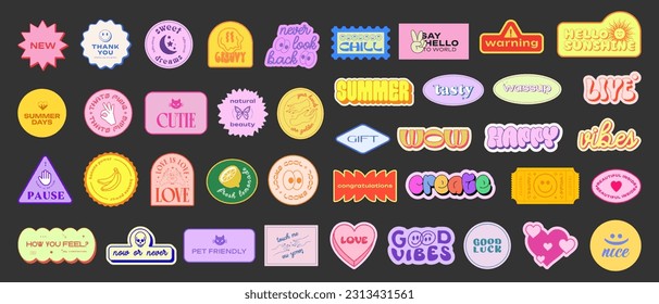 Set Of Y2k Stickers Vector Design. Cool Pop Art Elements. Trendy Patches. Retro Badges Graphics. Geometric Shapes. 