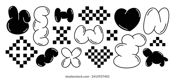 Set of y2k style elements vector. Hand drawn collection of heart pixel, rabbit, fluffy, flower, organic shape in black and white color. Design for print, cartoon, card, decoration, sticker.