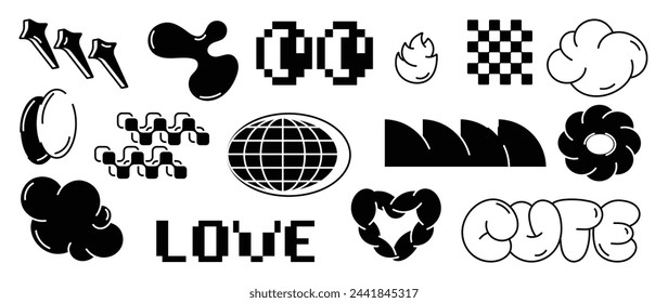 Set of y2k style elements vector. Hand drawn collection of fluffy, wireframe, text, flower, eye pixel, organic shape in black and white color. Design for print, cartoon, decoration, sticker.