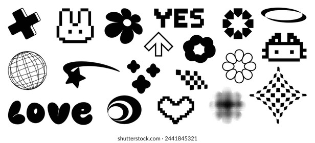 Set of y2k style elements vector. Hand drawn collection of fluffy, flower halftone, rabbit, heart pixel, organic shape in black and white color. Design for print, cartoon, decoration, sticker.