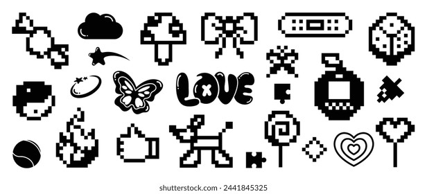 Conjunto de elementos de estilo y2k vector. Colección dibujada a mano de píxel de corazón, esponjoso, flor, perro, mariposa, cinta, forma orgánica en color blanco y negro. Diseño para impresión, dibujos animados, decoración, pegatina.