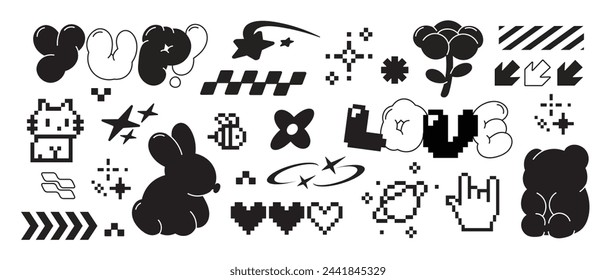 Set of y2k style elements vector. Hand drawn collection of heart pixel, fluffy, flower, rabbit, cat, bee, organic shape in black and white color. Design for print, cartoon, card, decoration, sticker.