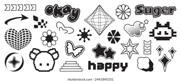 Set of y2k style elements vector. Hand drawn collection of fluffy, flower, butterfly, halftone, arrow, organic shape in black and white color. Design for print, cartoon, decoration, sticker.