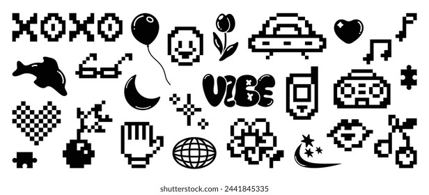 Set of y2k style elements vector. Hand drawn collection of heart pixel, fluffy, flower, dolphin, spaceship, organic shape in black and white color. Design for print, cartoon, decoration, sticker.