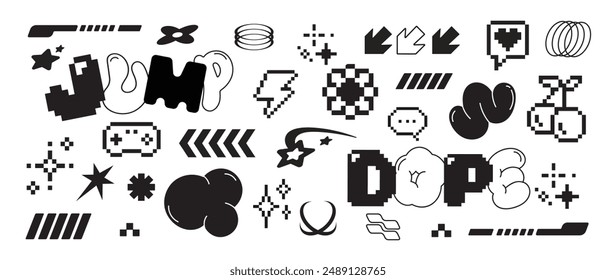 Set of y2k style elements vector. Hand drawn collection of pixel, fluffy, arrow, thunderbolt, bubble, organic shape in black and white color. Design for print, cartoon, card, decoration, sticker.