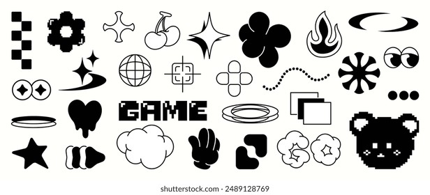Set of y2k style elements vector. Hand drawn collection of pixel, fluffy, cherry, fire, organic shape in black and white color. Design for print, cartoon, card, decoration, sticker.