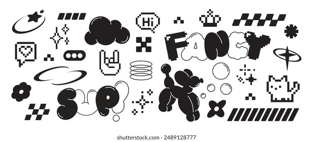 Set of y2k style elements vector. Hand drawn collection of pixel, fluffy, cat, hand, bubble, organic shape in black and white color. Design for print, cartoon, card, decoration, sticker.