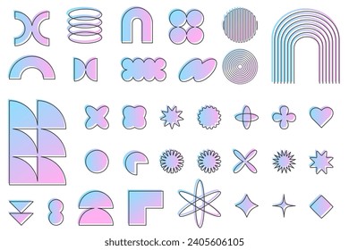 Conjunto de formas retro futuristas de gradiente de estilo Y2k con silueta de trazo. Etiquetas holográficas futuristas. Moderno diseño minimalista. Ilustración del vector