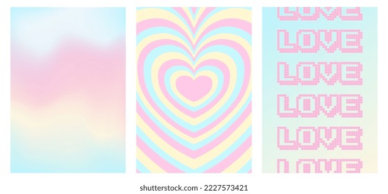 set of y2k style posters, 1990s 2000s nostalgia, heart, gradient background, trendy glamorous vector illustration, pastel candy colors