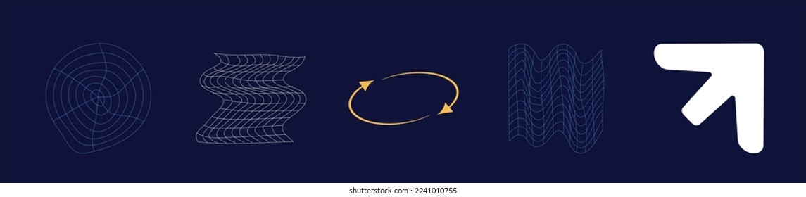 Set of Y2K style vectors of objects. Big collection of abstract graphic geometric symbols. Elements for graphic decoration. Isolated on black background. Vector illustration