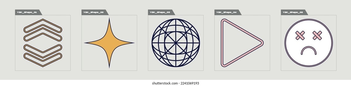 Set of Y2K style vectors of objects. Trendy geometric postmodern figures. Modern abstract forms. Retro Futurist. Vector illustration