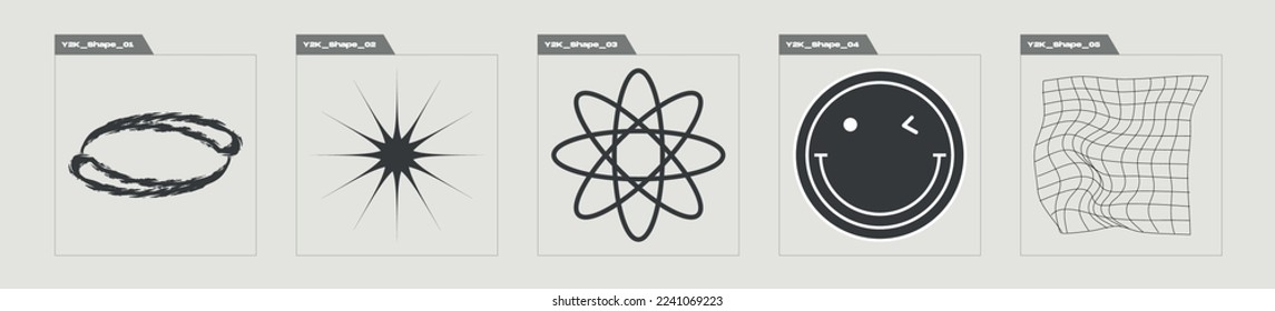 Set of Y2K style vectors of objects. Retro futuristic graphic ornaments. For modern T-shirts designed. Projects, posters, banners. Vector illustration