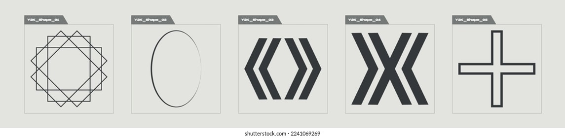 Set of Y2K style vectors of objects. Big collection of abstract graphic geometric symbols. Templates for notes, posters. Retro Futurist. Vector illustration