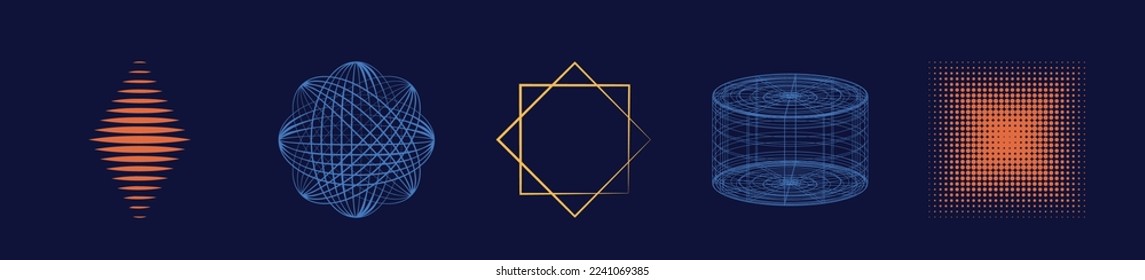 Set of Y2K style vectors of objects. Trendy geometric postmodern figures. Cyberpunk elements. Stars, starburst . Vector illustration