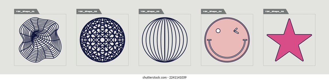 Set of Y2K style vectors of objects. Brutalism star and flower shapes. Flat minimalist icons. Futuristic. Vector illustration