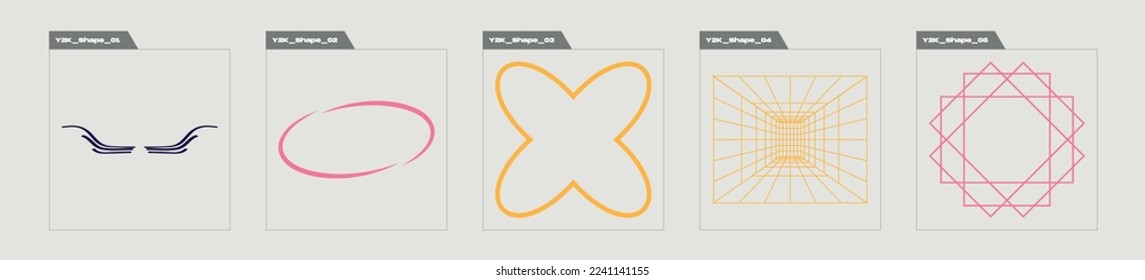 Set of Y2K style vectors of objects. Rave psychedelic retro futuristic set. Flat minimalist icons. Projects, posters, banners. Vector illustration