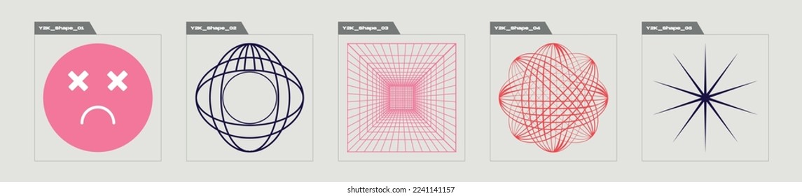 Set of Y2K style vectors of objects. Extraordinary Graphic Assets. Templates for notes, posters. Retro Futurist. Vector illustration