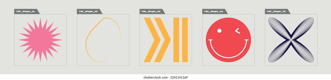 Conjunto de vectores de objetos de estilo Y2K. Gran colección de símbolos geométricos gráficos abstractos. Formas abstractas modernas. Retro Futurista. Ilustración del vector