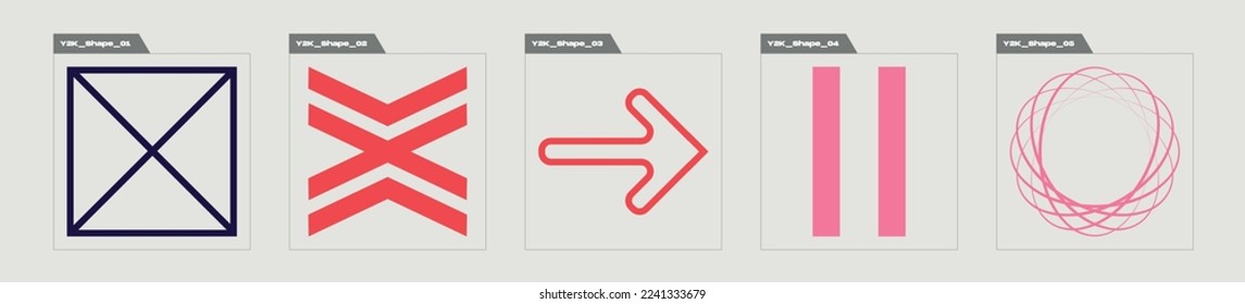 Set of Y2K style vectors of objects. Trendy geometric postmodern figures. Templates for notes, posters. Projects, posters, banners. Vector illustration