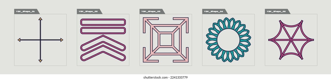 Set of Y2K style vectors of objects. Trendy geometric postmodern figures. Templates for notes, posters. Isolated on black background. Vector illustration