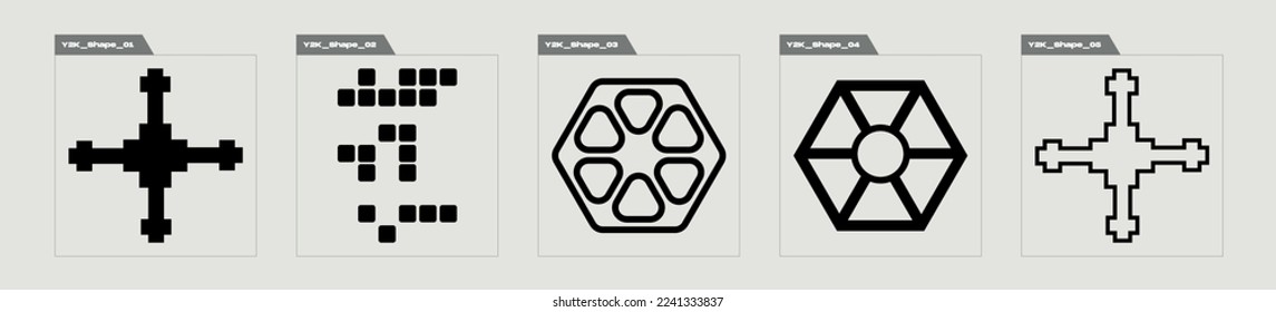 Set of Y2K style vectors of objects. Brutalism star and flower shapes. Elements for graphic decoration. Retro Futurist. Vector illustration