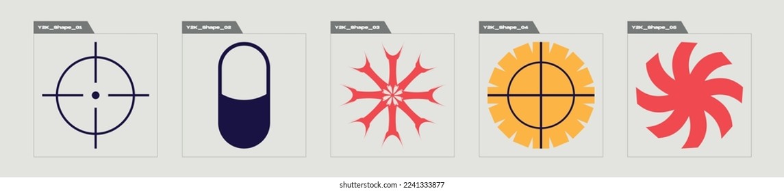 Set of Y2K style vectors of objects. Extraordinary Graphic Assets. Templates for notes, posters. Retro Futurist. Vector illustration