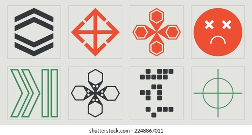 Set of Y2K style vectors of objects. Trendy geometric postmodern figures. Cyberpunk elements. Isolated on black background. Vector illustration
